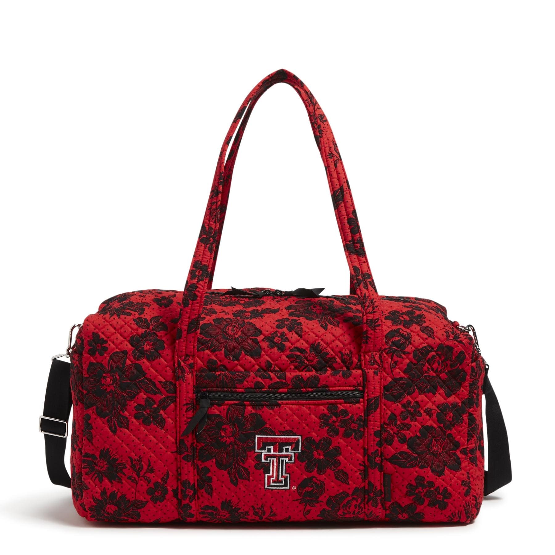 Collegiate Large Travel Duffel Bag-Red/Black Rain Garden with Texas Tech University Logo-Image 1-Vera Bradley