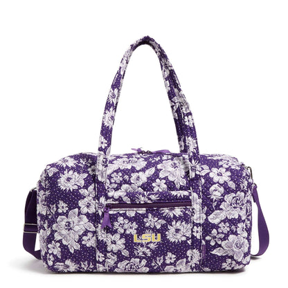 Collegiate Large Travel Duffel Bag-Purple/White Rain Garden with Louisiana State University Logo-Image 1-Vera Bradley