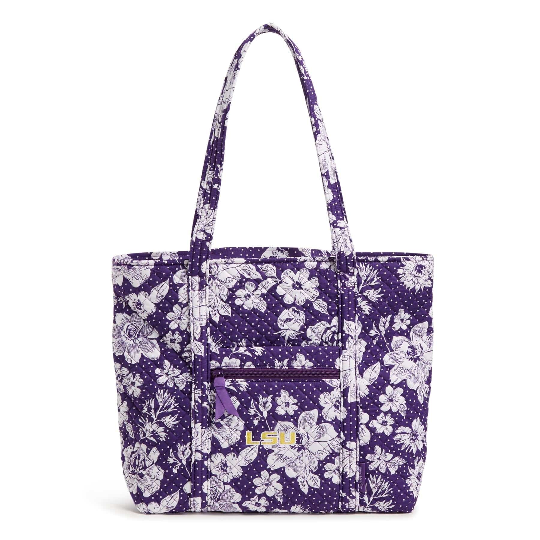 Collegiate Vera Tote Bag-Purple/White Rain Garden with Louisiana State University Logo-Image 1-Vera Bradley