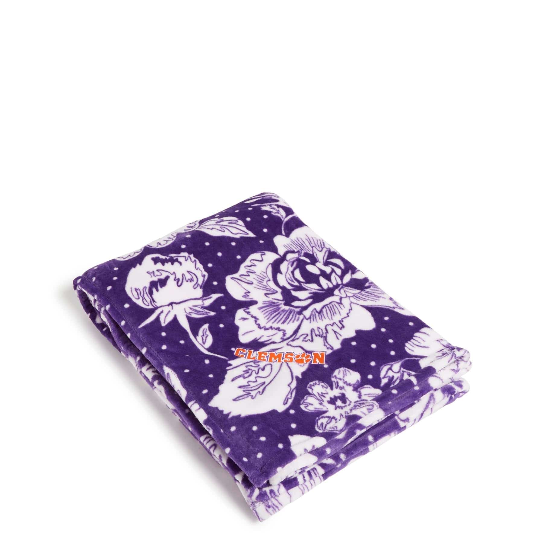 Collegiate Plush XL Throw Blanket-Purple /White Rain Garden with Clemson University Logo-Image 1-Vera Bradley