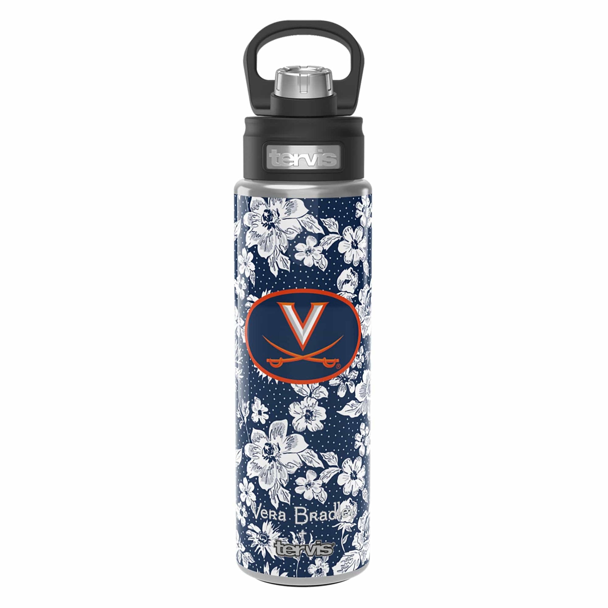 Tervis 24oz Wide Mouth Bottle-Navy/Orange Rain Garden with University of Virginia-Image 1-Vera Bradley