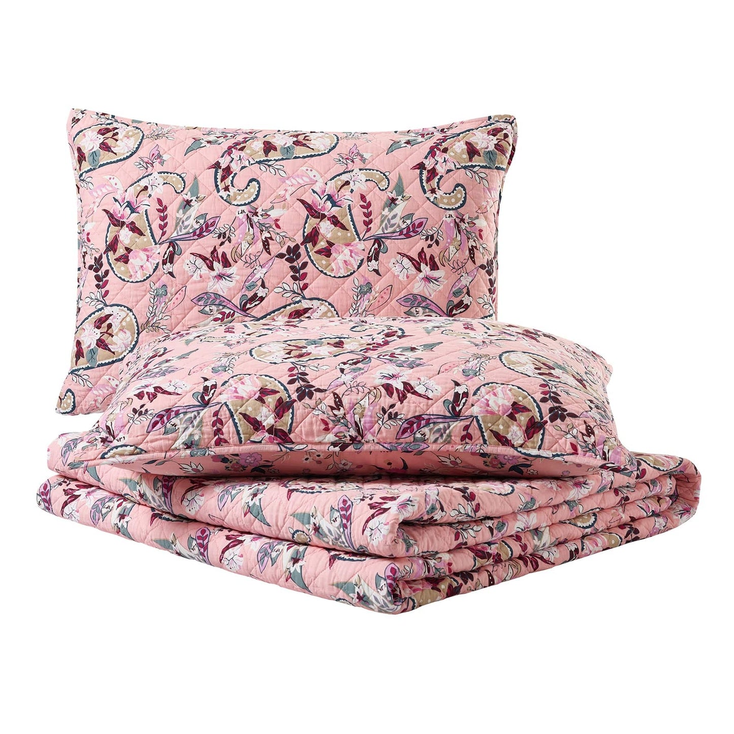 Botanical Paisley Pink Quilt Set, Full - Queen