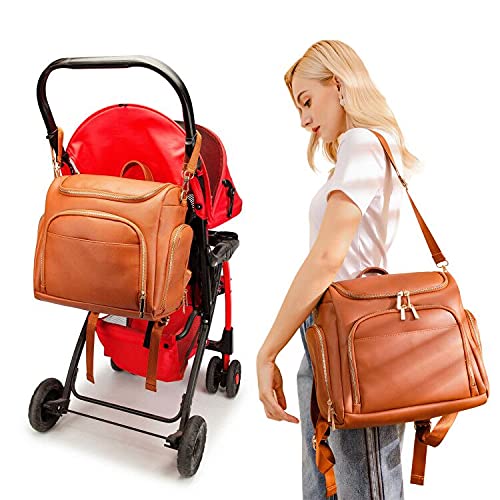 Beaulyn Leather Diaper Bag Backpack, 5-in-1 Travel Back Pack Tote with Changing Pad Large Capacity