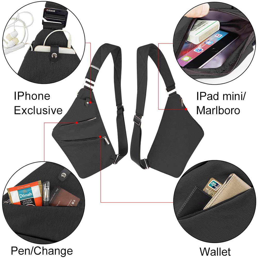 OSOCE Sling Bag Chest Backpack Casual Daypack Black Shoulder Crossbody Lightweight Anti Theft Outdoor Sport Travel Hiking Bag