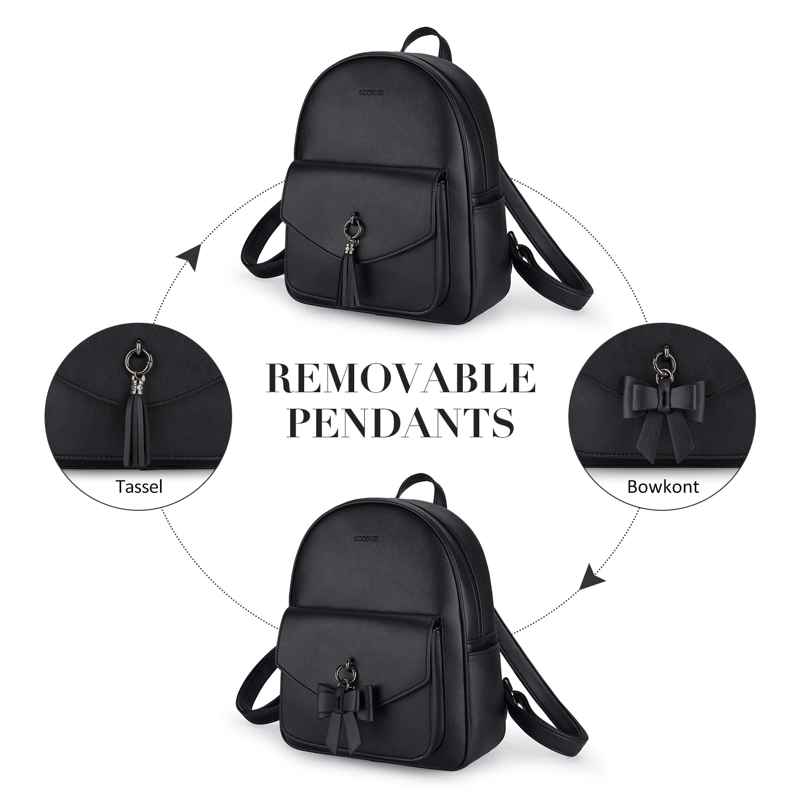 ECOSUSI Women Backpack Purse Water Resistant PU Leather Backpack Fashion Rucksack Ladies College Daypack with Tassel,3 Pcs