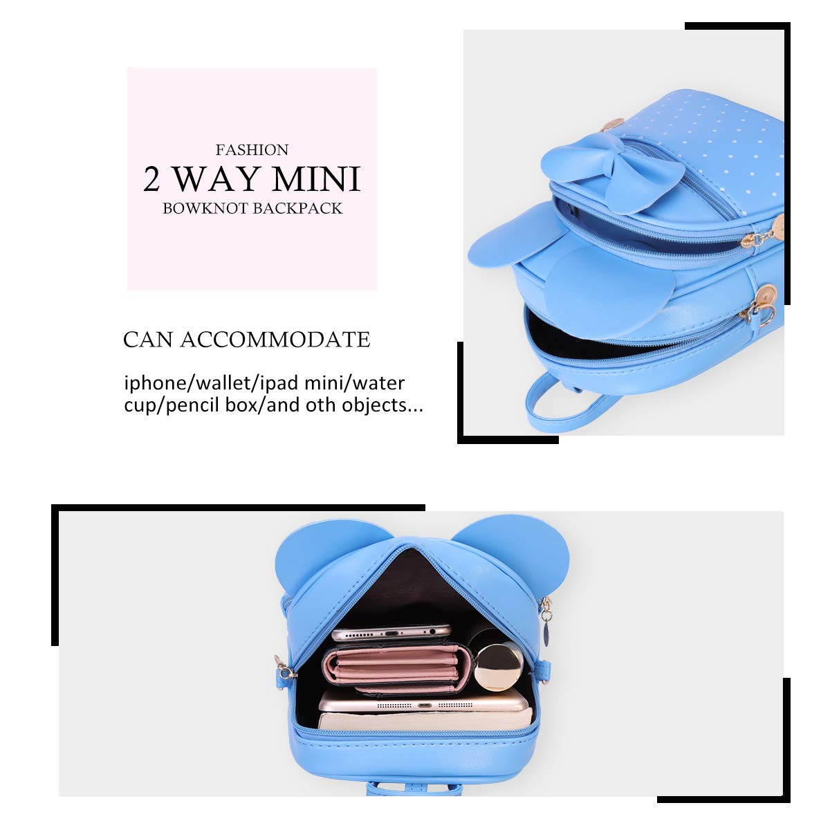 Girls Bowknot Polka Dot Cute Mini Backpack Small Daypacks Convertible Shoulder Bag Purse for Women