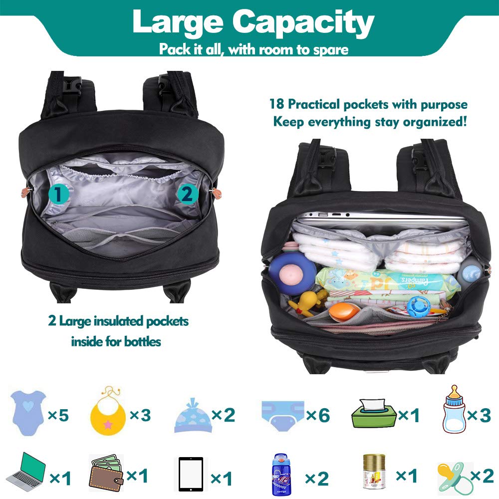 BabbleRoo Diaper Bag Backpack, Baby Nappy Changing Bags Multifunction Waterproof Travel Back Pack