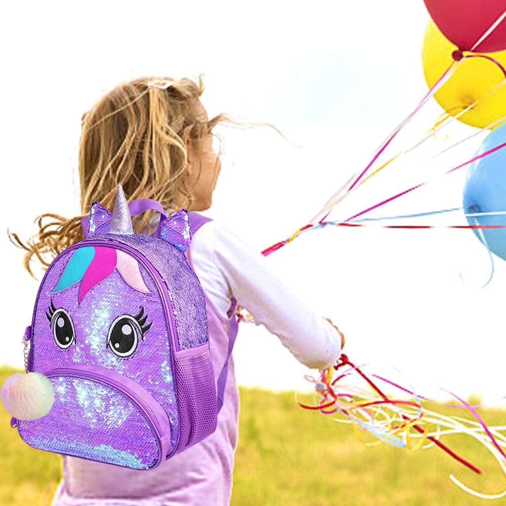 AGSDON Toddler Backpack for Girls, 12" Unicorn Sequin Kids Bookbag