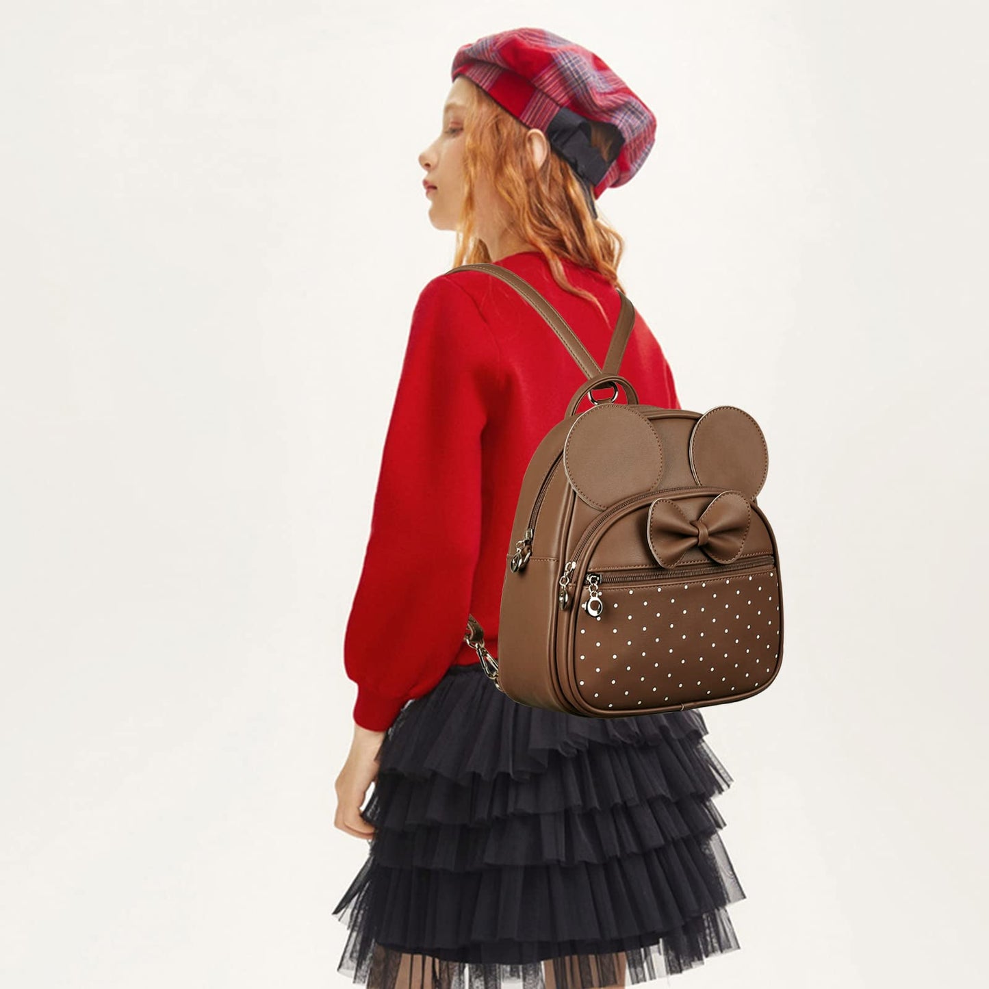 Girls Mini Backpack Bowknot Polka Dot Cute Daypacks Convertible Shoulder Bag Purse for Women (Brown)