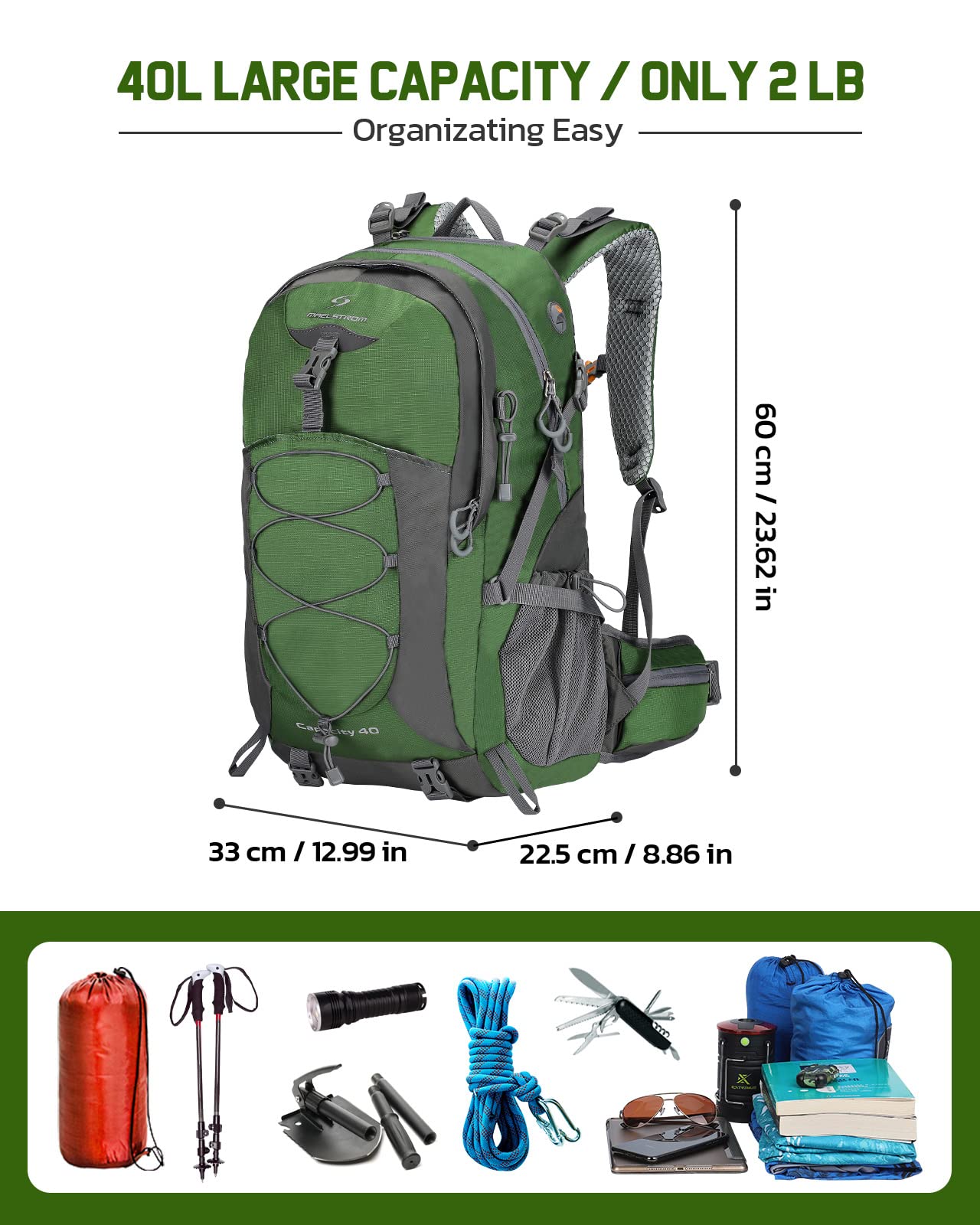 Maelstrom Hiking Backpack, Camping Backpack, 40L/50L Waterproof Hiking Daypack with Rain Cover, Lightweight Travel Backpack