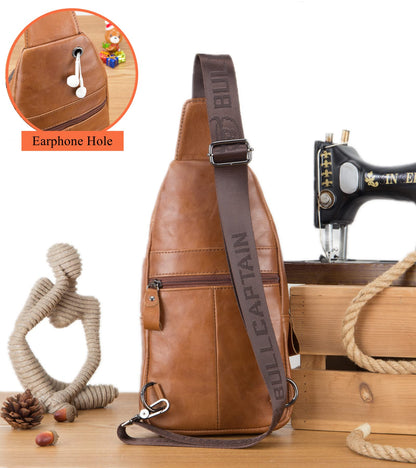 BULLCAPTAIN Genuine Leather Sling Bag for Men Crossbody with Cellphone Stand Chain Chest Shoulder Backpack Daypack XB-520