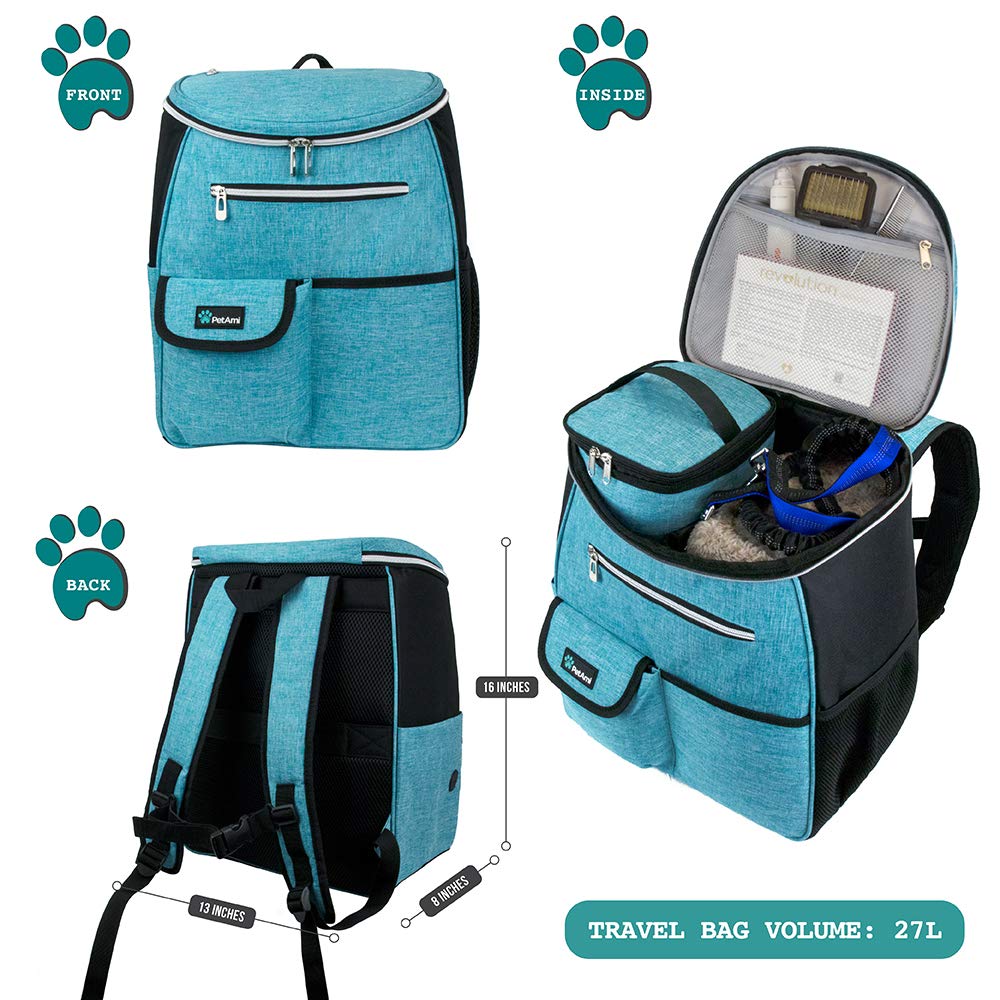 PetAmi Dog Travel Bag Backpack</li>     <li>Backpack Organizer with Poop Bag Dispenser, Multi-Function Pocket, Food Container Bag, Collapsible Bowl</li>     <li>Weekend Pet Travel Set for Hiking Overnight Camping Road Trip