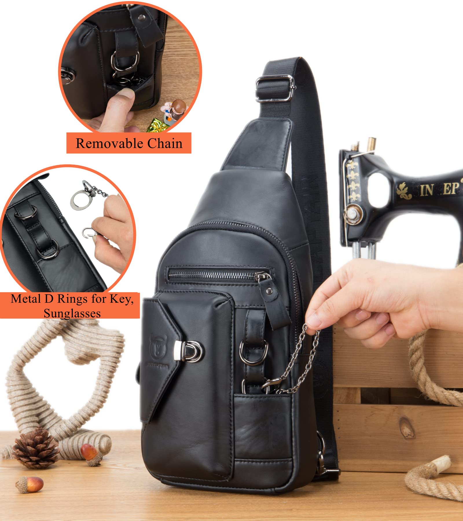 BULLCAPTAIN Genuine Leather Sling Bag for Men Crossbody with Cellphone Stand Chain Chest Shoulder Backpack Daypack XB-520