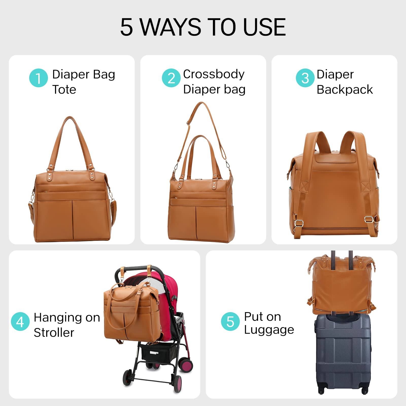 Beaulyn Leather Diaper Bag Backpack, 5-in-1 Travel Back Pack Tote with Changing Pad Large Capacity