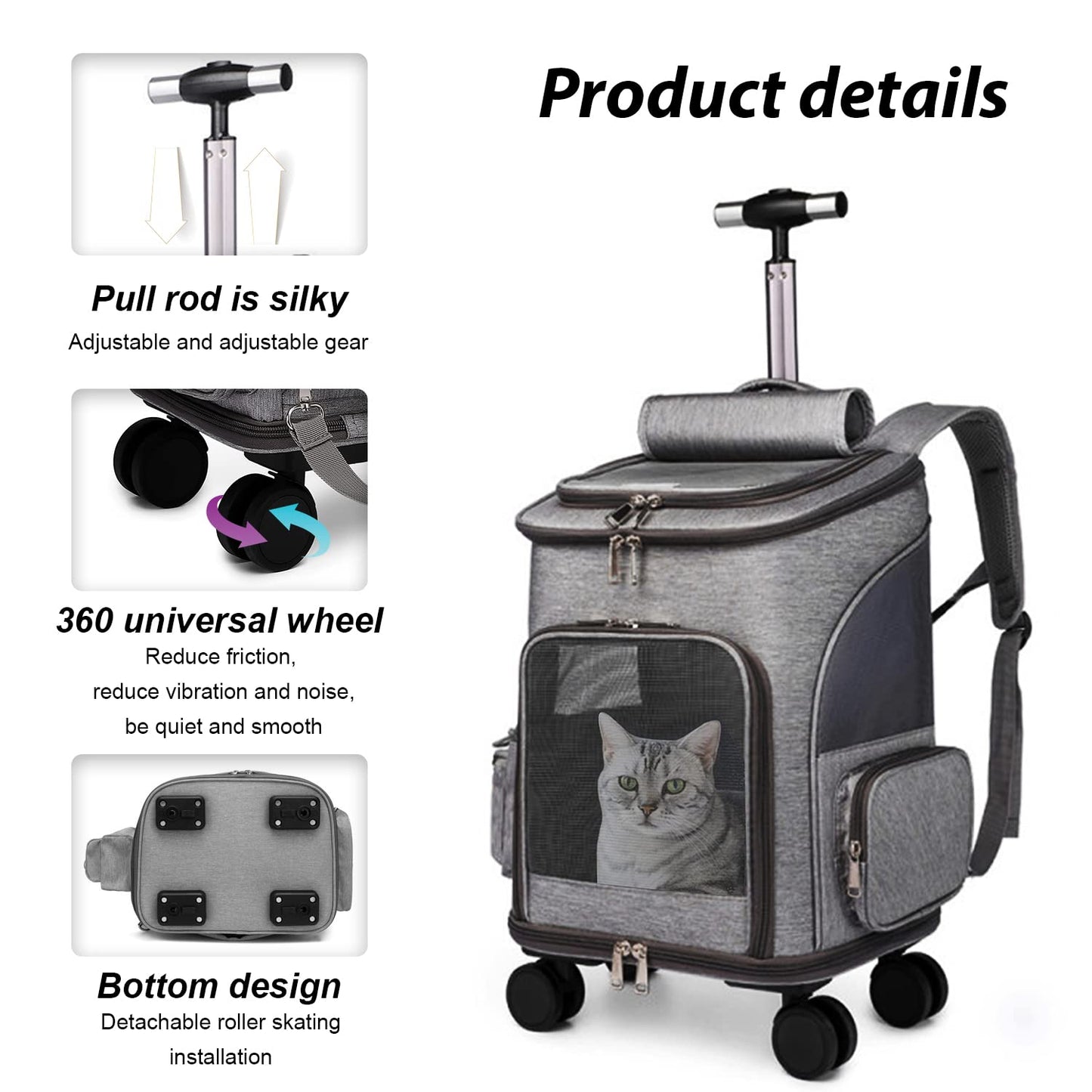 ELEGX Large Space Rolling Backpack Southwest,Delta Airline Approve for Pets with Detachable Wheels,Collapsible,Breathable Mesh with Cup Holder, Easy to Handle, Spacious for Traveling & Vet Appointment