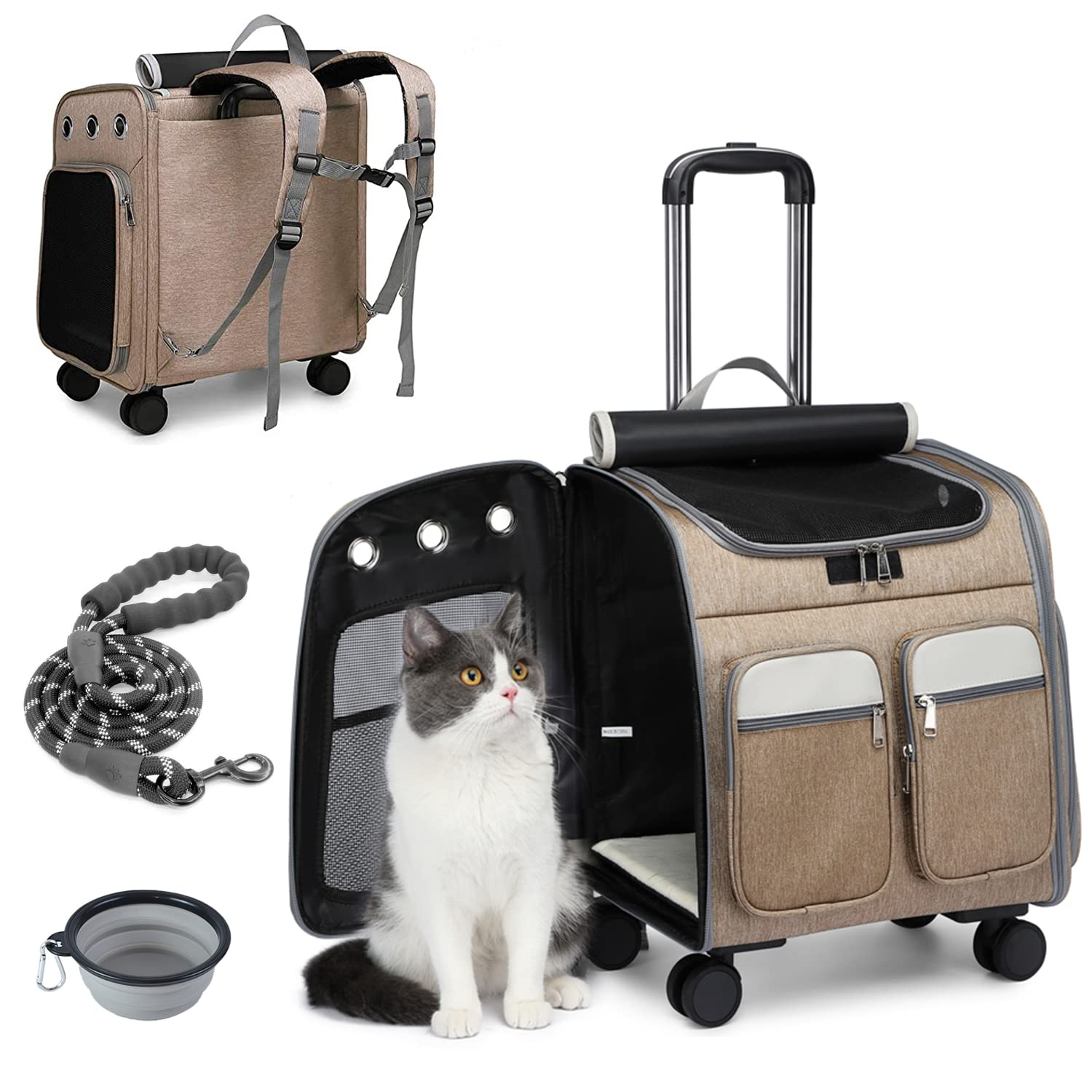ELEGX Large Space Rolling Backpack Southwest,Delta Airline Approve for Pets with Detachable Wheels,Collapsible,Breathable Mesh with Cup Holder, Easy to Handle, Spacious for Traveling & Vet Appointment
