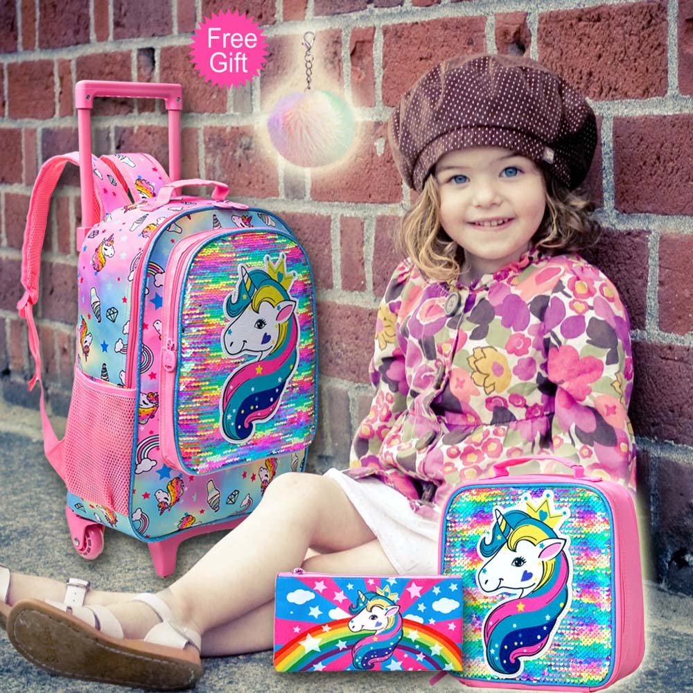 3PCS Rolling Backpack for Girls Boys, Kids Roller Wheels Bookbag, Wheeled School Bag with Lunch Bag