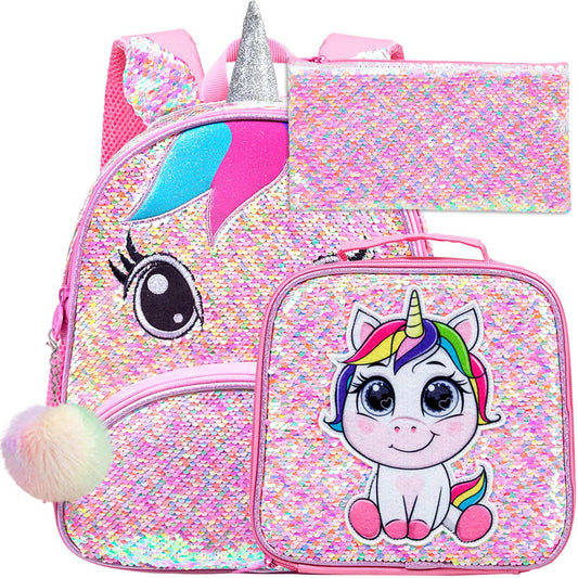 AGSDON 3PCS Toddler Backpack for Girls, 12" Unicorn Sequin Preschool Bookbag and Lunch Box