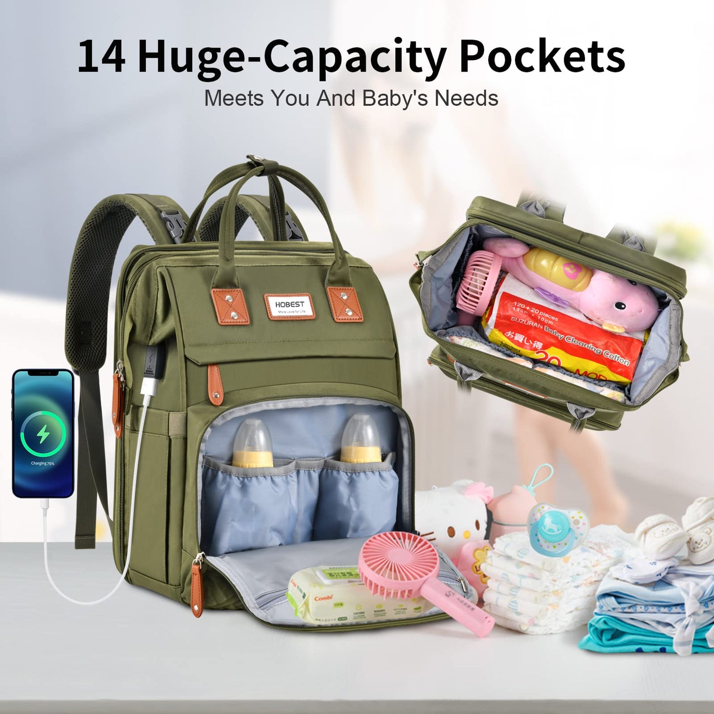 HOBEST Diaper Bag Backpack, Multifunction Large Travel Diaper Bag with Changing Pad and USB Charging Port for Moms Dads