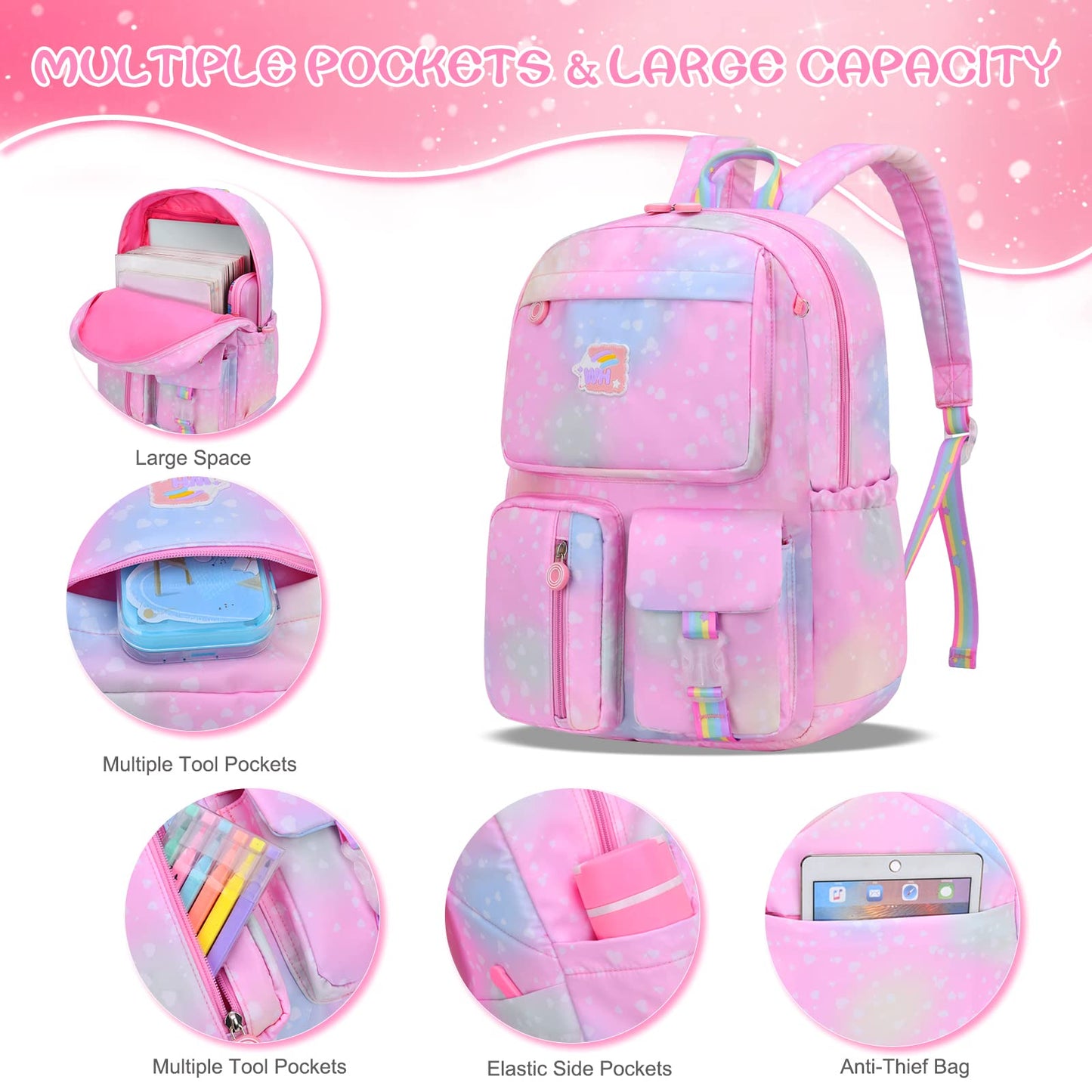 School Backpacks for Girls,Back to School Supplies with Lunch Bag,Cute Backpack Gifts for Daughter Niece Sister Friend