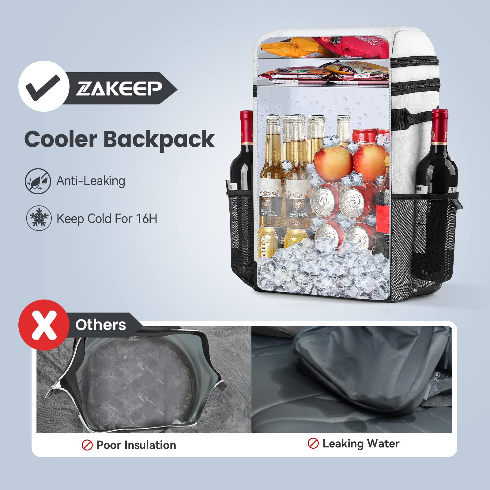 ZAKEEP Cooler Backpack, 36 Cans Multifunctional Leakproof Cooler Backpack with Padded Top Handle, Mesh Pocket for Camping BBQ