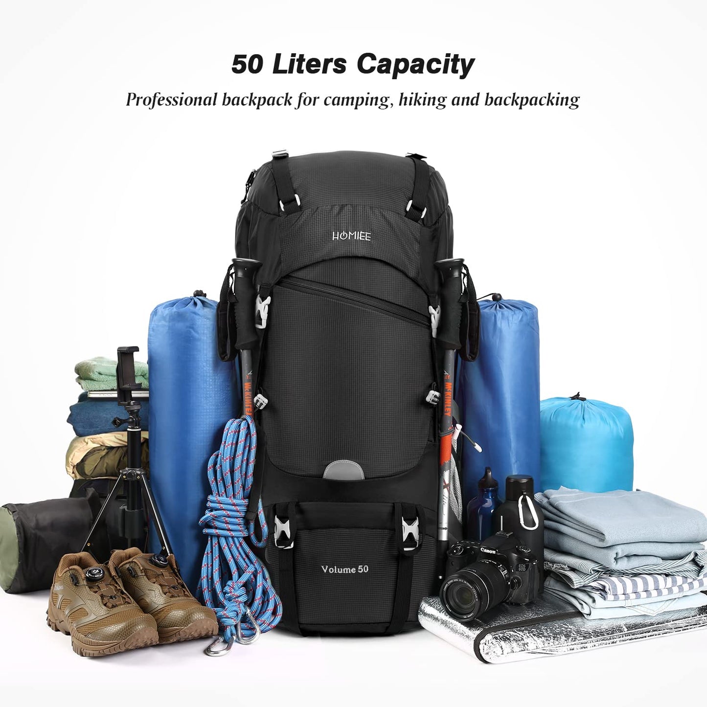 HOMIEE 50L Hiking Backpack Travel Backpack Waterproof Daypack Outdoor Camping Climbing Backpack with Rain Cover