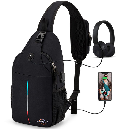 Lumesner Sling Bag Crossbody Backpack with USB Charging Port,Hiking Daypack Shoulder Bag Chest Bag for Hiking Walking Travel