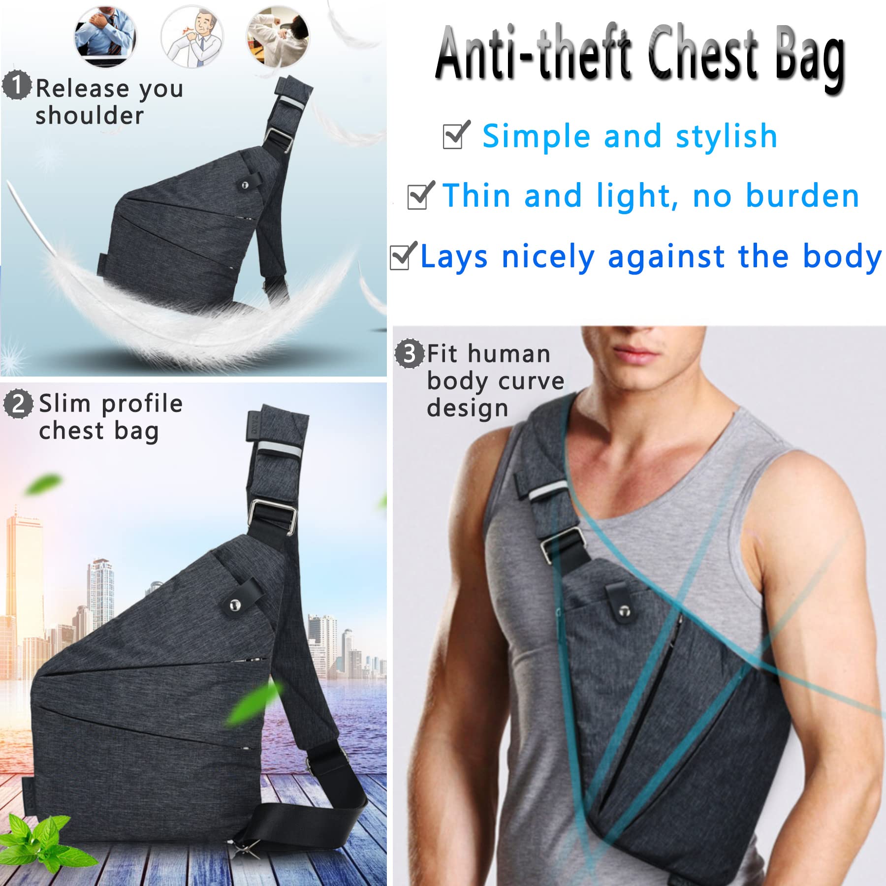 Sling Bag Anti-Thief Crossbody Personal Pocket Bag for Men Chest Bag Travel Casual Shoulder Backpack