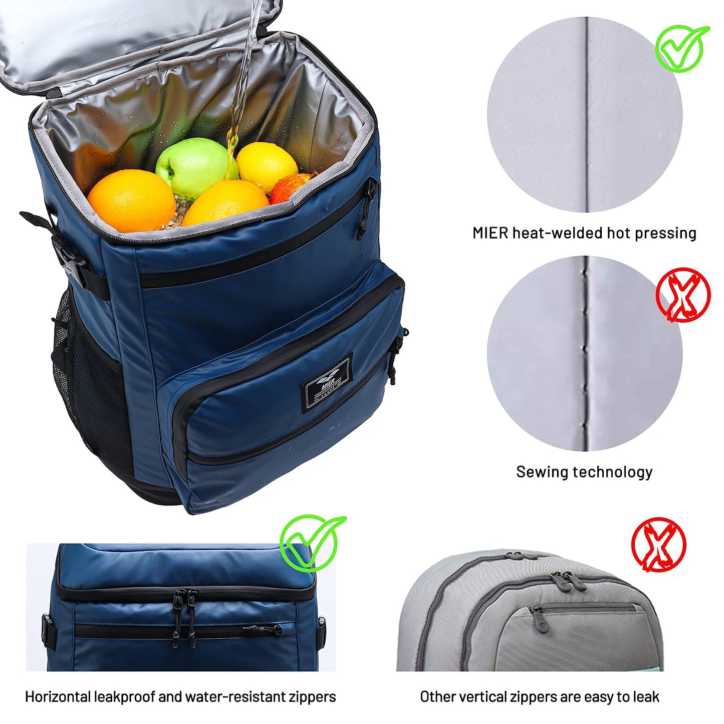 MIER Backpack Cooler Insulated Waterproof Cooler Backpack Leakproof Lightweight Back Pack with Cooler Compartment Soft Cooler for Men Women to Work Beach Camping Hiking Picnics, 24 Cans