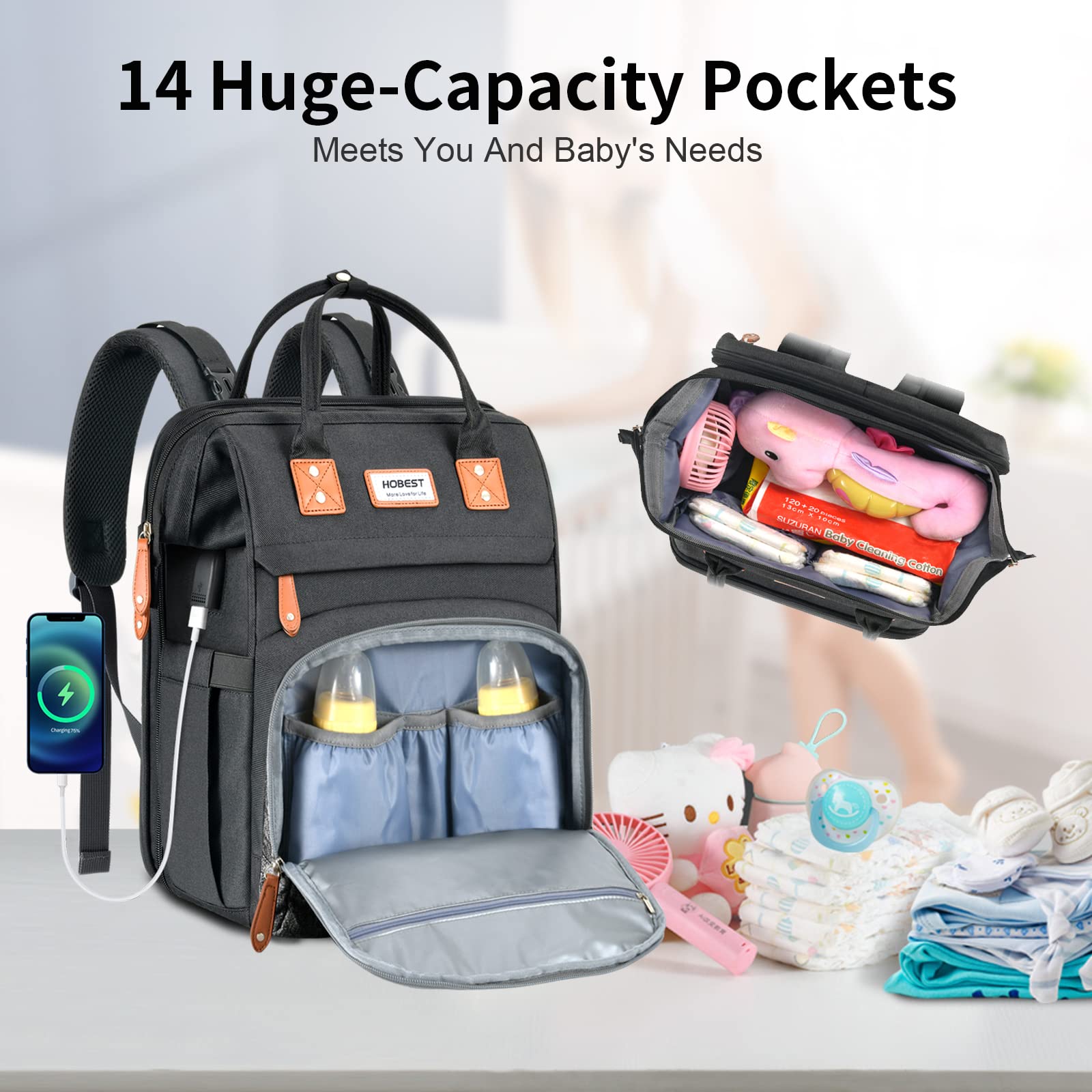 HOBEST Diaper Bag Backpack, Multifunction Large Travel Diaper Bag with Changing Pad and USB Charging Port for Moms Dads