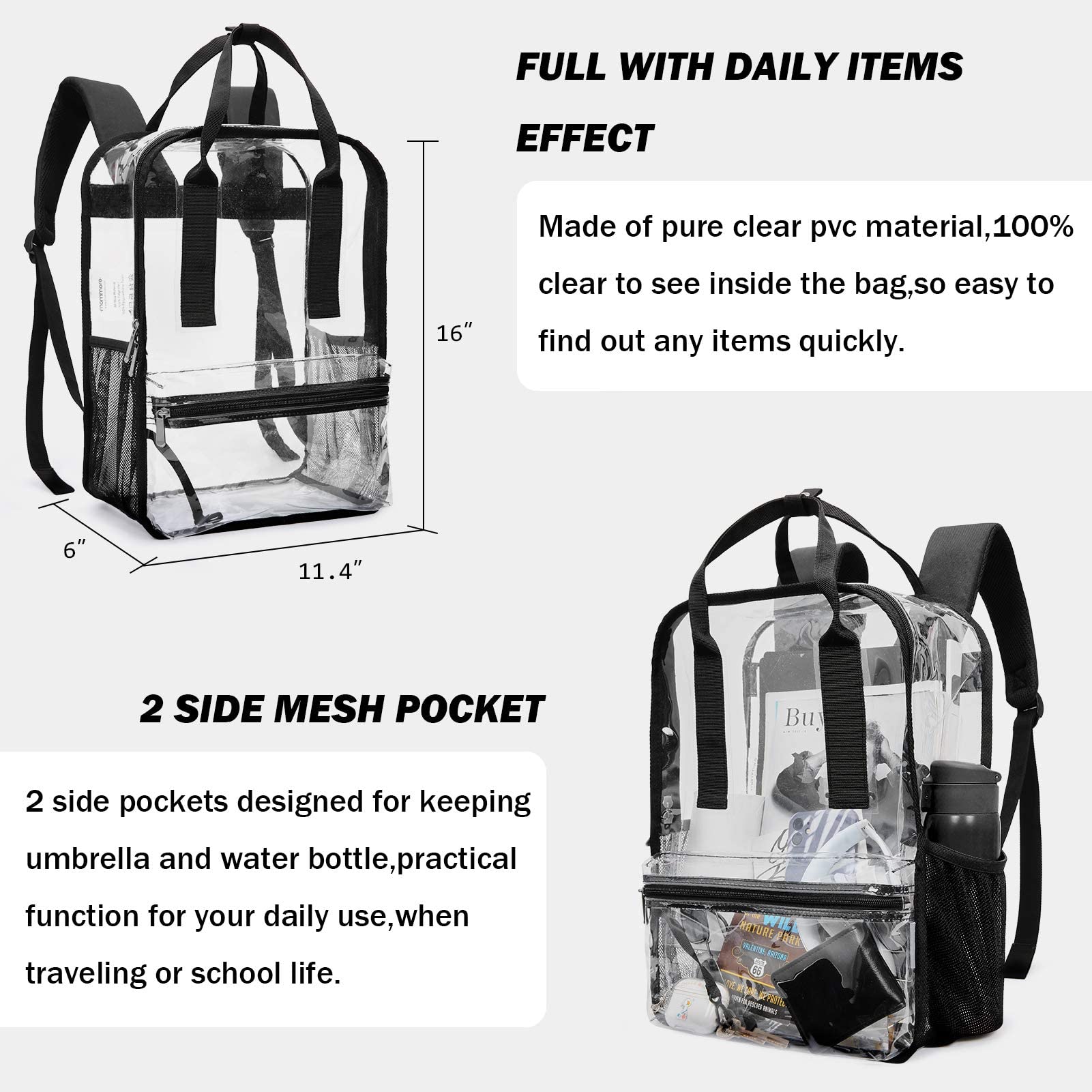 mommore Heavy Duty Clear Backpack Durable See Through Bookbags for School, Work