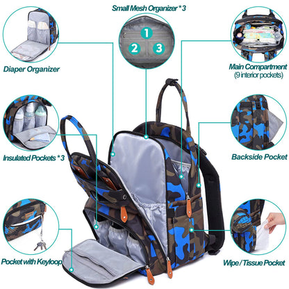 BabbleRoo Diaper Bag Backpack, Baby Nappy Changing Bags Multifunction Waterproof Travel Back Pack