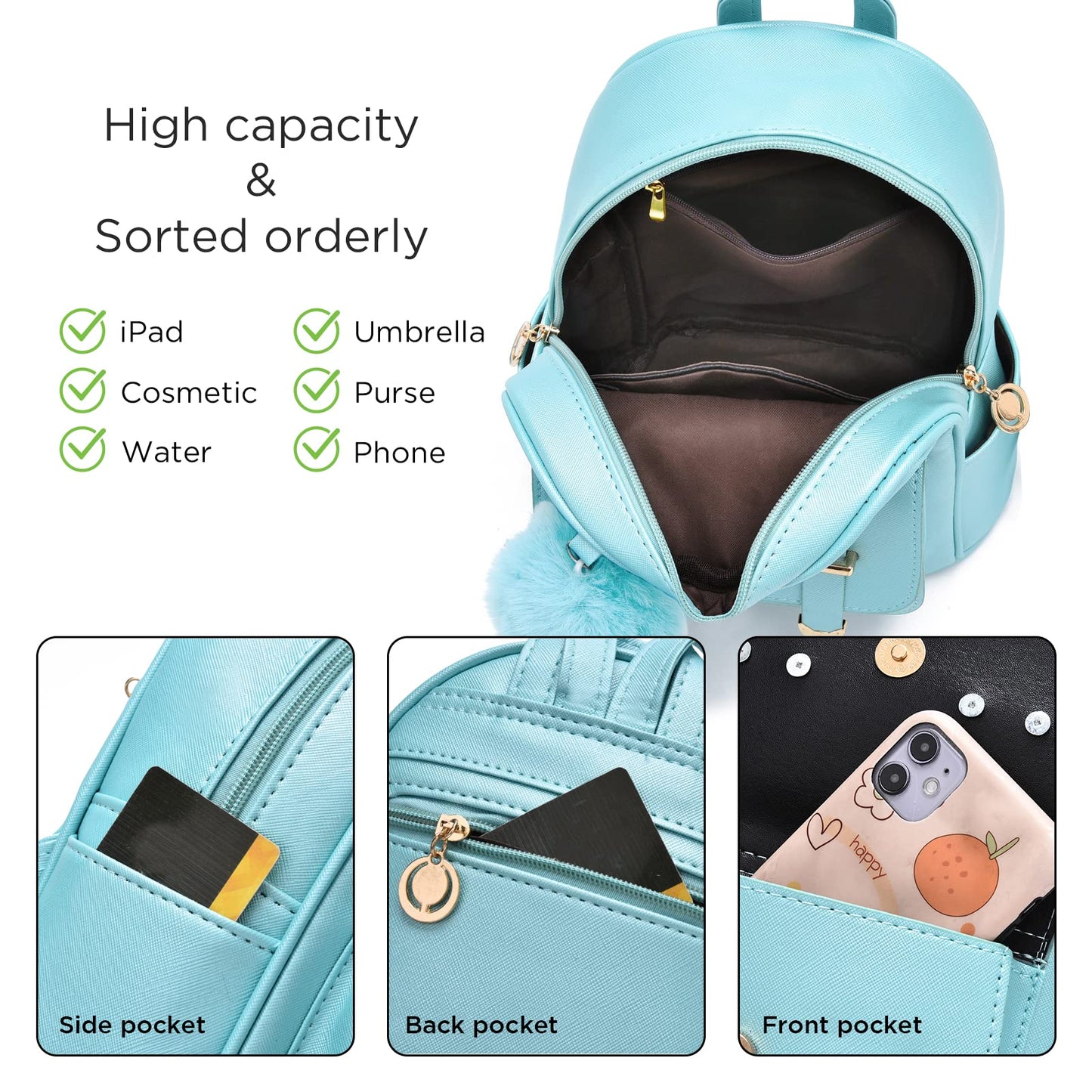 I IHAYNER Girls Fashion Backpack Mini Backpack Purse for Women Teenage Girls Purses PU Leather Pompom Backpack Shoulder Bag
