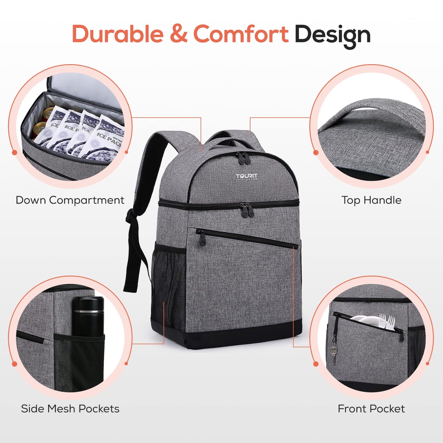 TOURIT Insulated Backpack Cooler Leak-Proof Backpack Lunch Box 28 Cans Double Deck Cooler Backpack