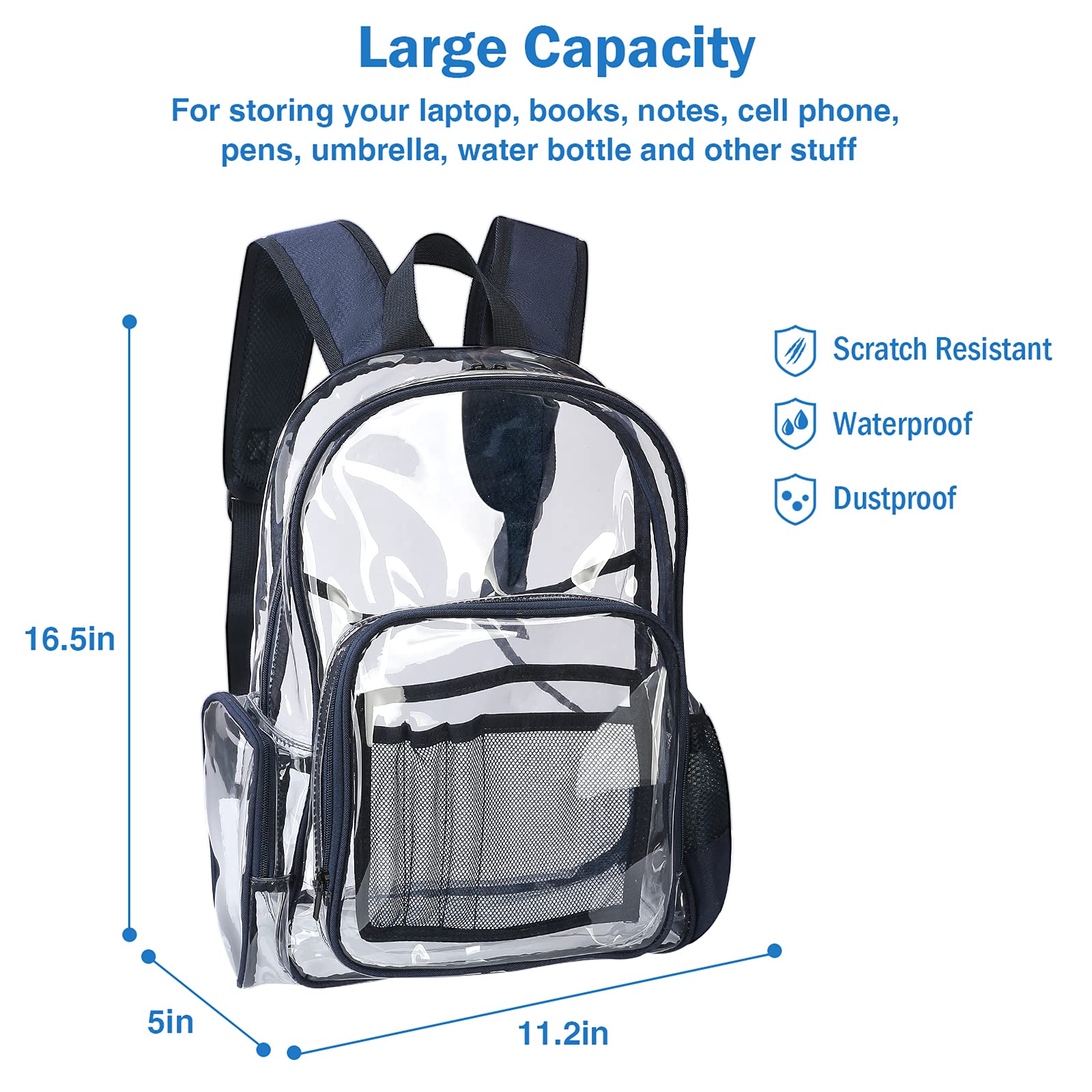 ProCase Heavy Duty Clear Backpack, See Through Backpacks Transparent Clear Large Bookbag for School Work Stadium Security