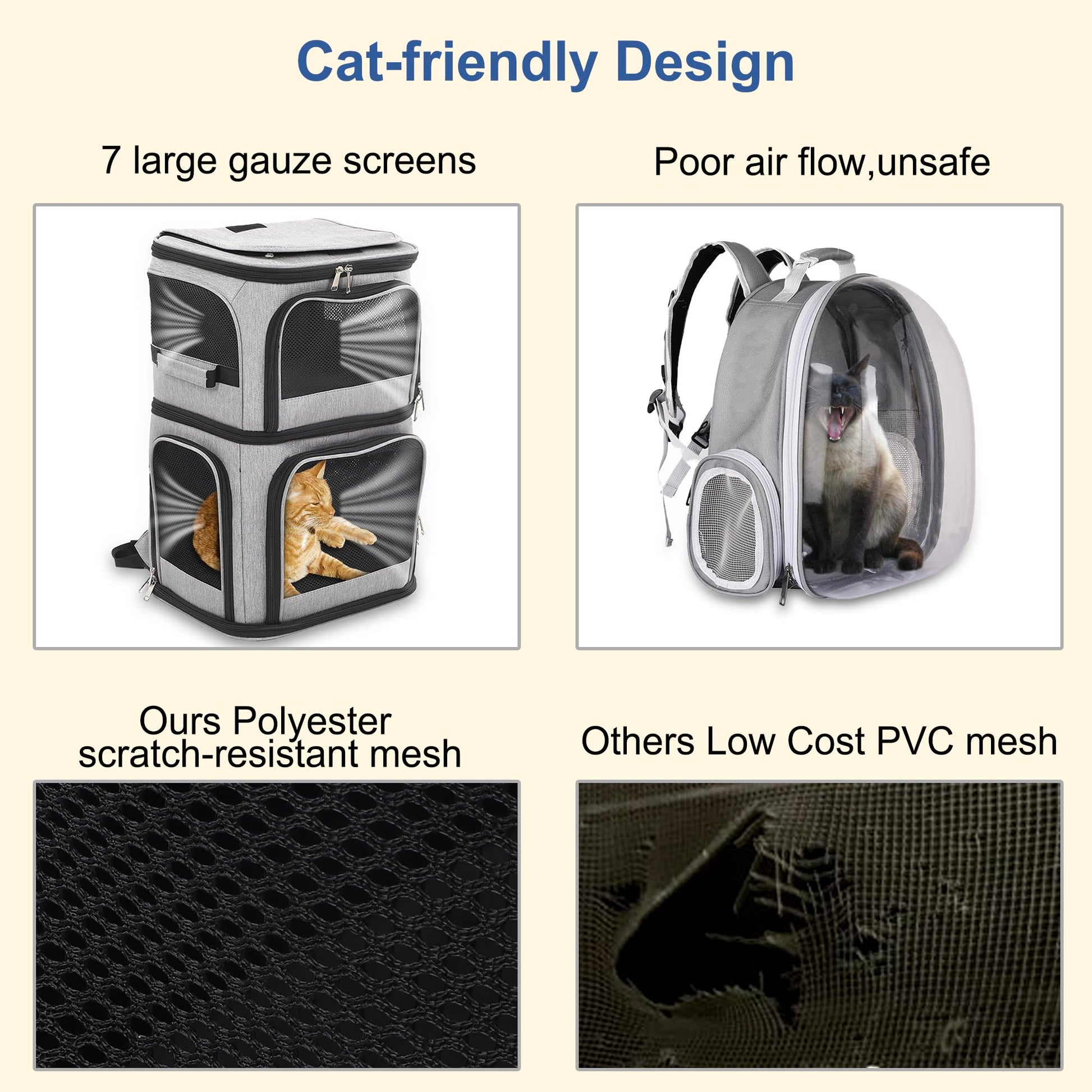 Double Pet Carrier Backpack, Double-Compartment Pet Cat Carrier Travel for 2 Small Cats or Dogs, Cat Carrier Backpack Large Size Portable Breathable, Perfect for Travel/Hiking/Camping Outdoor