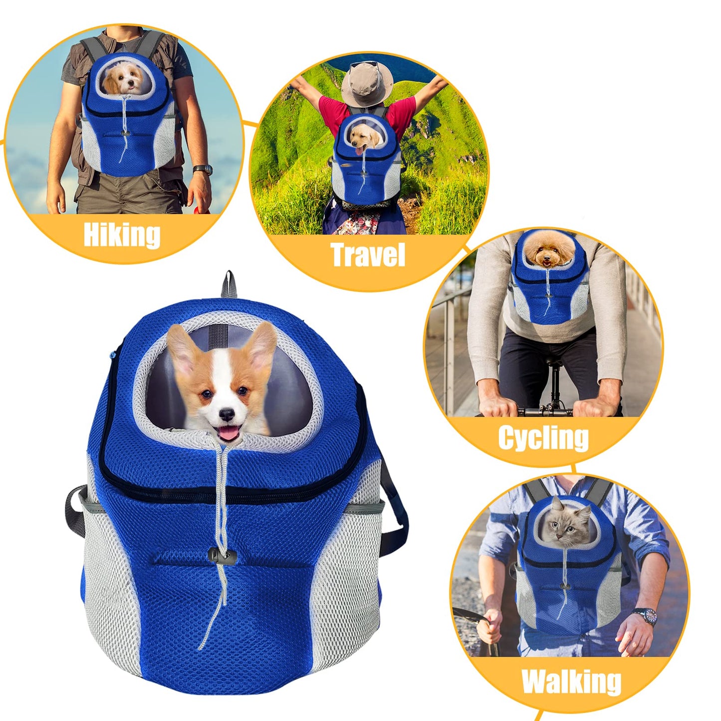 Fhiny Dog Carrier Backpack, Comfortable Doggy Front Backpack Pet Puppy Carrier Travel Pack with Breathable Head Out Design and Padded Shoulder for Walking Biking Hiking Camping Outdoor