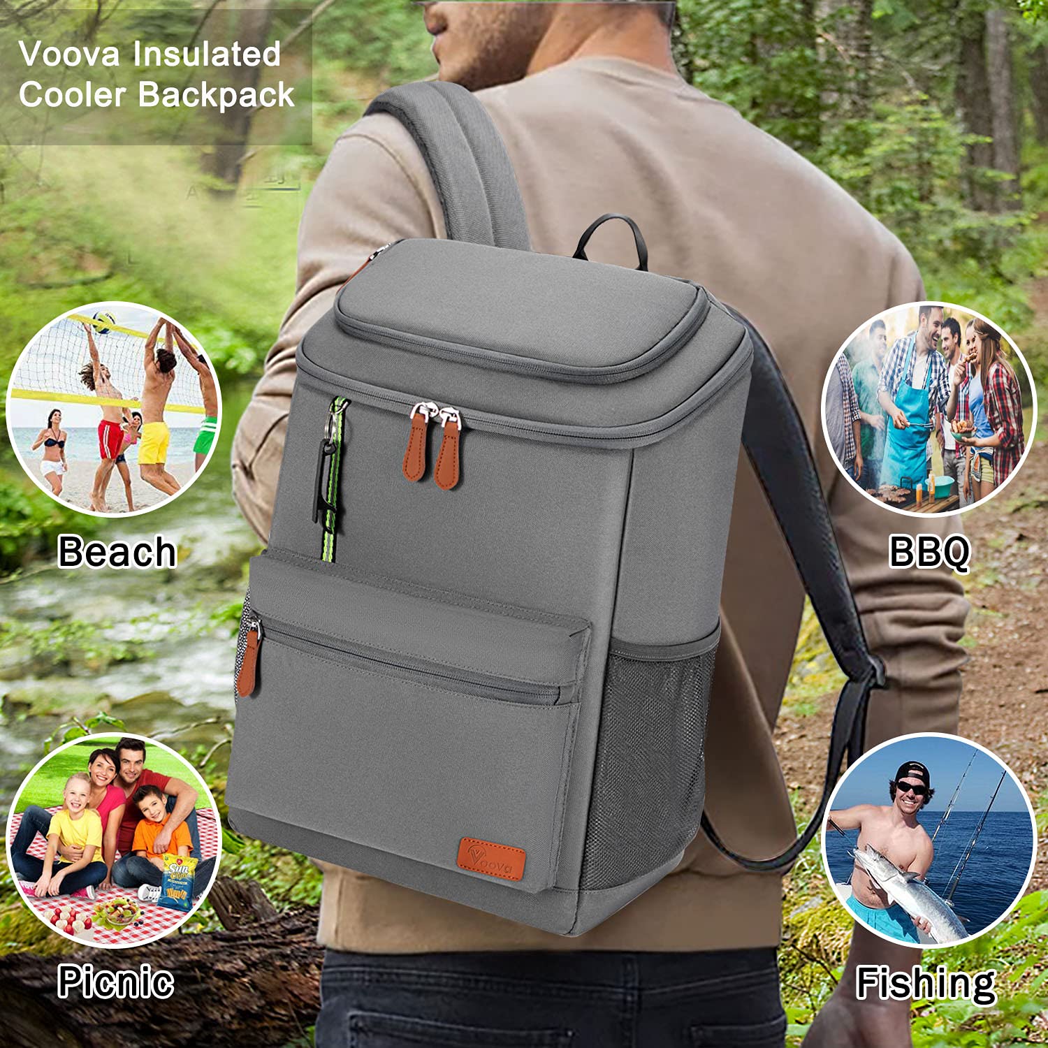 Voova Backpack Cooler Insulated Waterproof Leakproof Cooler Back Pack, Portable Soft Sided Coolers Bookbag for Men Women to Beach Lunch Picnic Camping Hiking Fishing Travel Trips, 30 Cans