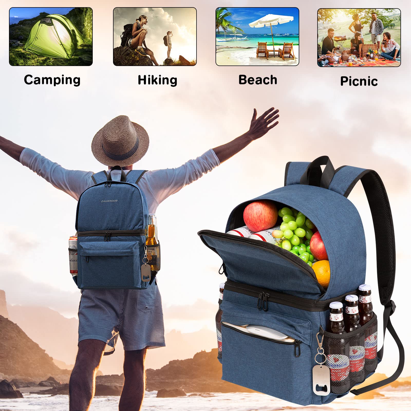 Backpack Cooler, 42 Cans Lightweight Insulated Cooler Backpack Leak-Proof Double Deck Cooler Bag for Men Women Picnic Fishing Hiking Camping Park Beach Lunch Backpack