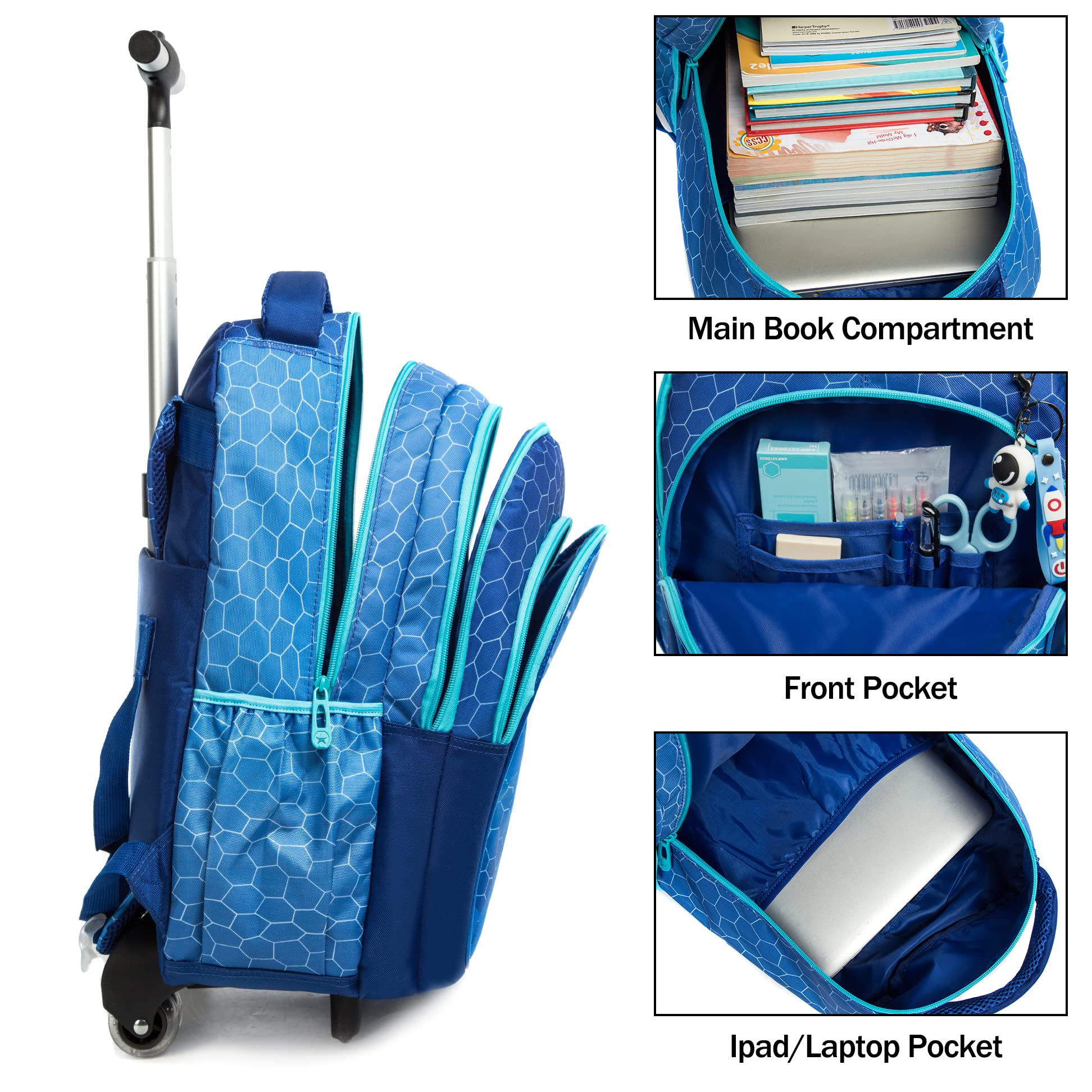 MOHCO Rolling Backpack 18 inch with Lunch Bag and Pencil Case Wheeled School Backpack for Boys and Girls