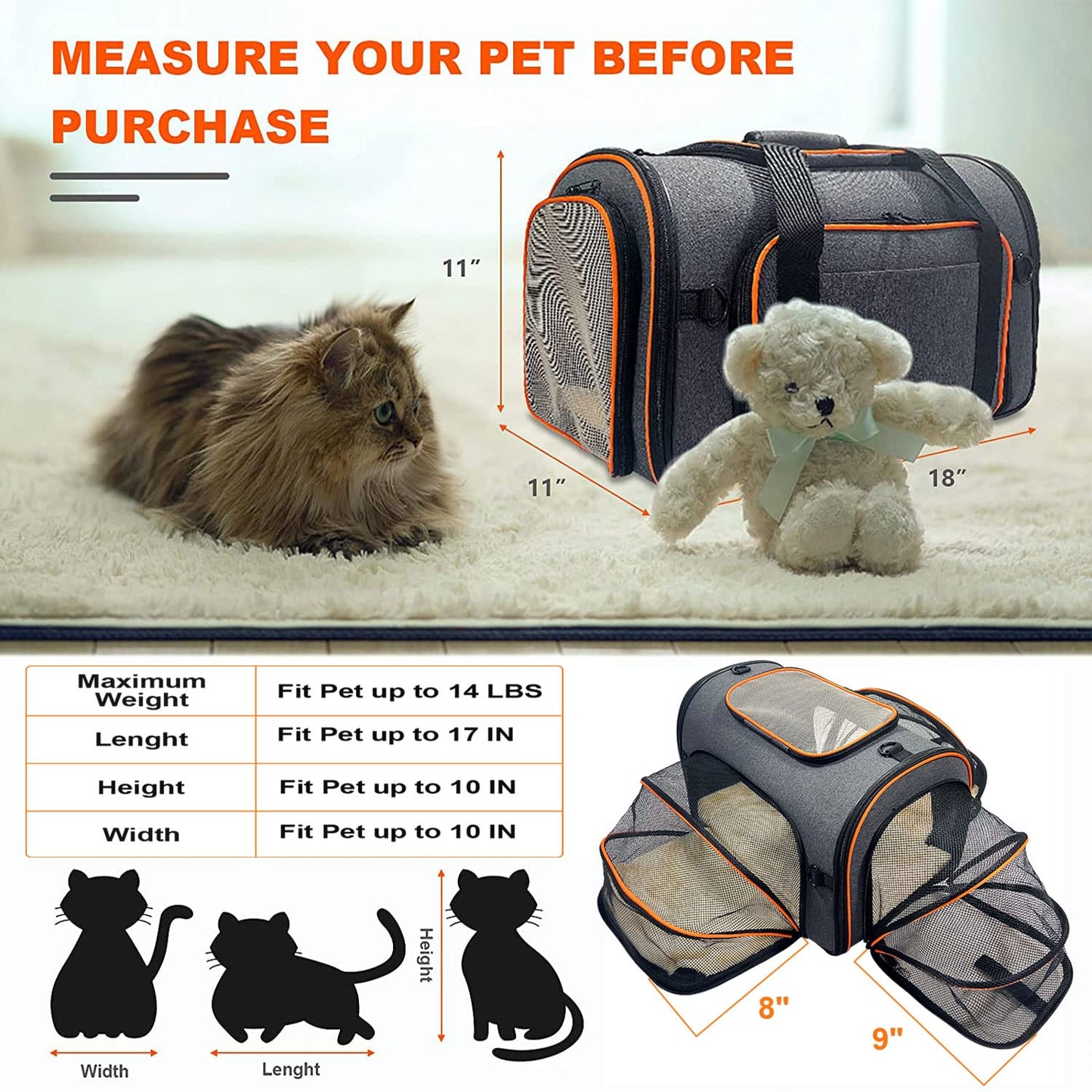 Cat Carrier, 3 Sides Expandable Foldable Pet Carrier for Medium Cat Small Dog, Airline Approved Soft-Sided Pet Travel Carrier Bag with Fleece Pad and Foldable Bowl