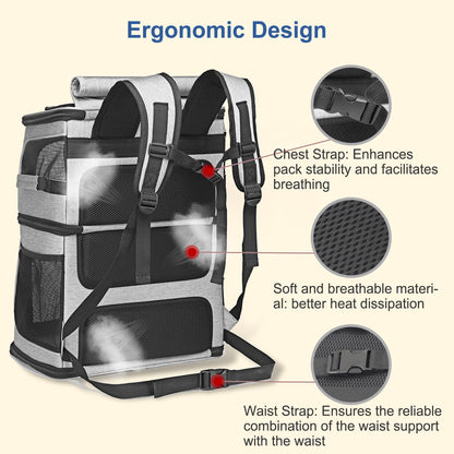 Double Pet Carrier Backpack, Double-Compartment Pet Cat Carrier Travel for 2 Small Cats or Dogs, Cat Carrier Backpack Large Size Portable Breathable, Perfect for Travel/Hiking/Camping Outdoor