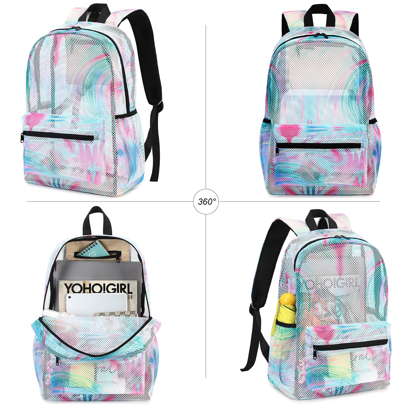 Mesh Backpack for Kids Girls Semi-Transparent Mesh School Backpack Bookbag Lightweight Casual Daypacks for Beach Gym Travel