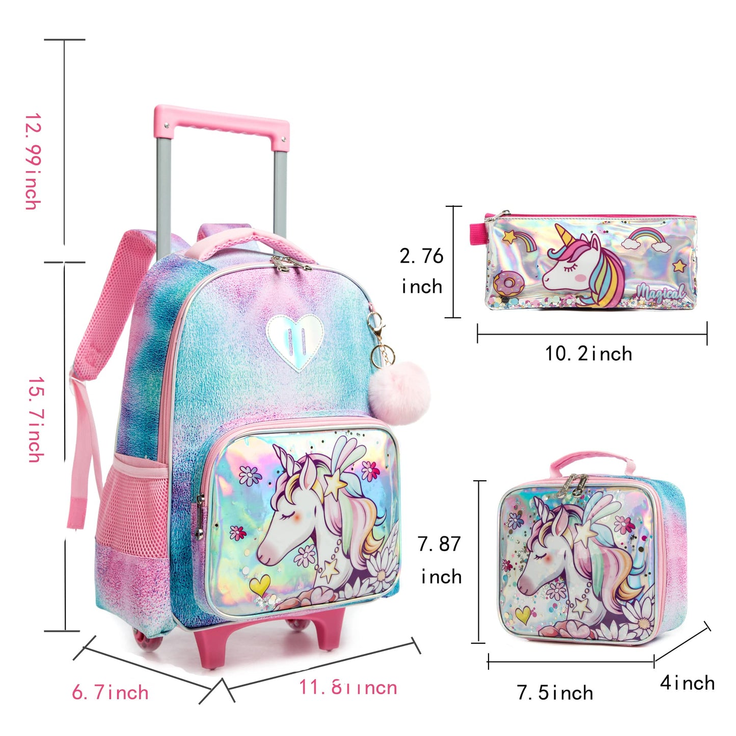 MOHCO Rolling Backpack Cute 16 inch Set 3 in 1 with Lunch Bag and Pencil Case for Girls