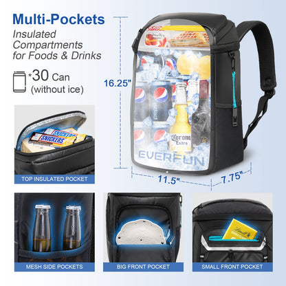 EVERFUN Cooler Backpack Insulated Leakproof 30 Cans, Cooler Bag with 2 Insulated Compartments Waterproof, Lightweight Hiking Beach Lunch Travel Camping Cooler for Men and Women
