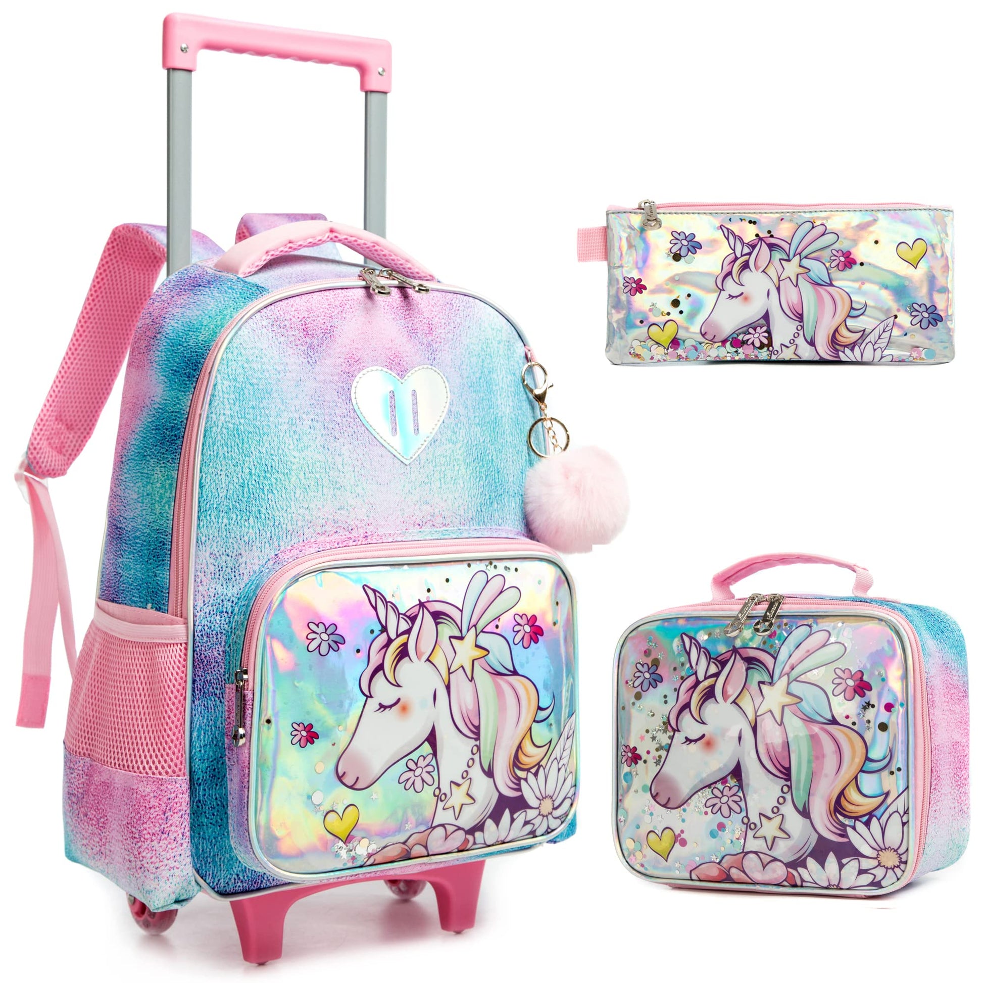 MOHCO Rolling Backpack Cute 16 inch Set 3 in 1 with Lunch Bag and Pencil Case for Girls