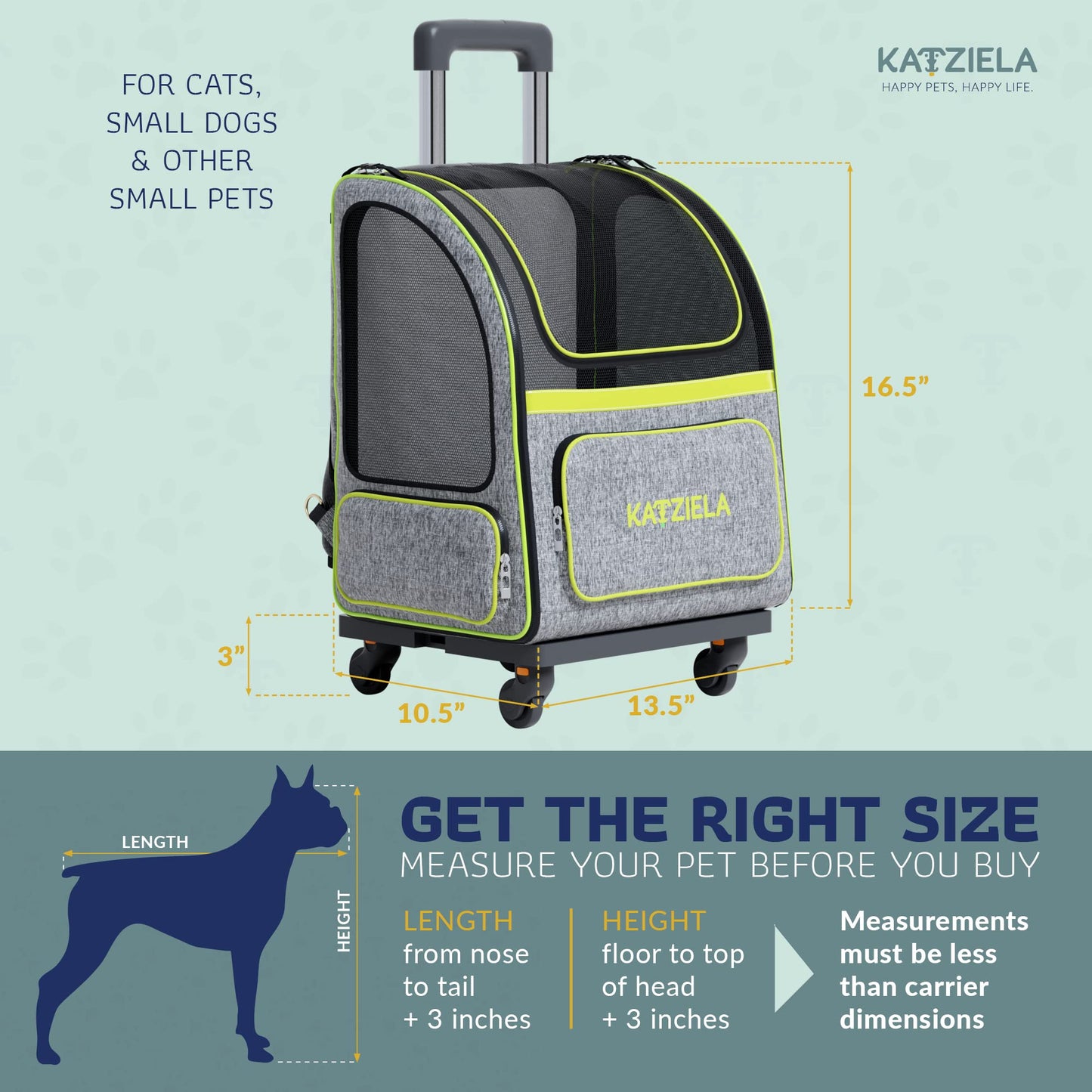 Katziela Wheeled Pet Carrier Backpack - Soft Sided, Airline Approved Hiking Carrying Bag for Small Dogs and Cats - Removable Rolling Wheels - Mesh Ventilation Windows, Storage Pockets