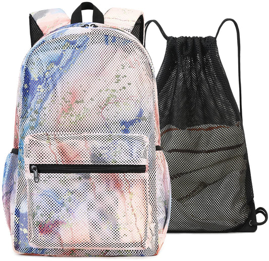 Mesh Backpack for Girls Semi-Transparent School Bookbag See Through Beach Bag Daypack with Mesh Drawstring Bag Gear Backpack