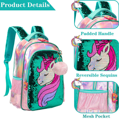 Unicorn Backpack for Girls Backpacks Glitter Sequin Bookbag with Lunch Box for Elementary Students Preschool Bag