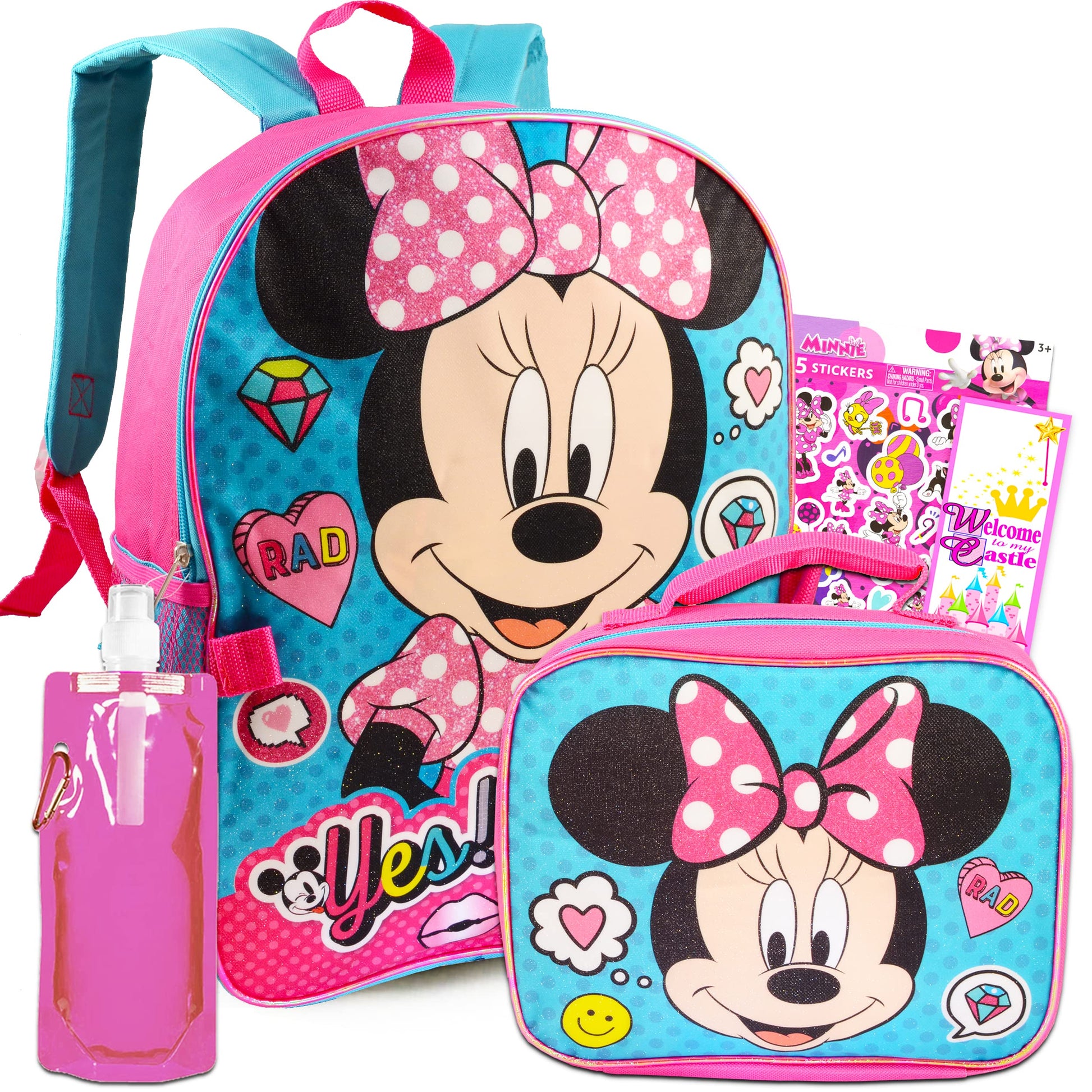 Disney Minnie Mouse Backpack with Lunch Box for Girls 5 Pc Bundle (Minnie Mouse School Supplies)